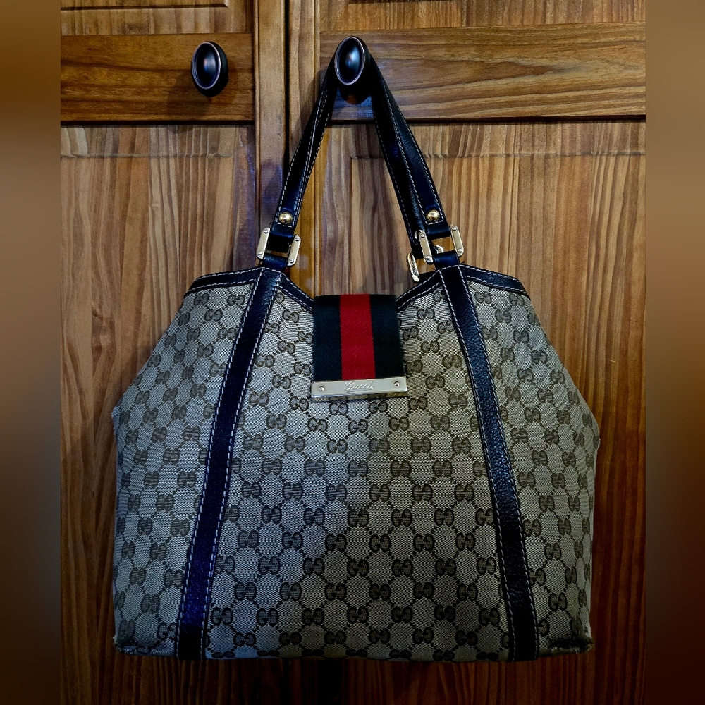 AUTHENTIC!  Gucci Monogram Tote Bag with Red and Green Stripe